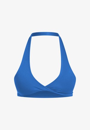 Blauer Halfter-Bikini-Oberteil mit V-förmiger Vorderseite, aus glattem Stoff. Verfügt über ein Wickeldesign und verstellbare Träger für eine optimale Passform.