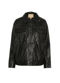 Melnā ādas jaka ar uzdidītu apkakli un aprocēm, ar divām priekšējām kabatām un pogu aizdari. Gluda tekstūra un brīva piegriezuma.