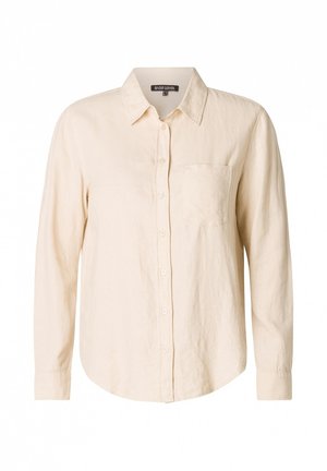 Beiges langärmliges Hemd mit Knopfleiste, Brusttasche und klassischem Kragen, mit dem Etikett "Base Level", auf weißem Hintergrund präsentiert.