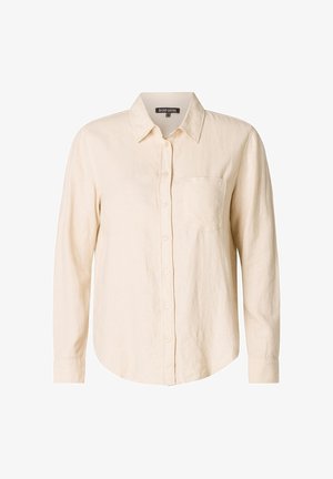 Beige overhemd met lange mouwen, knoopsluiting, borstzak en klassieke kraag, met het label "Base Level", weergegeven op een witte achtergrond.