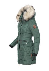 Zelená puffa bunda so syntetickým kožušinovým golierom, zipsovými vreckami, elastickými manžetami a opaskom v páse s textúrovaným povrchom.