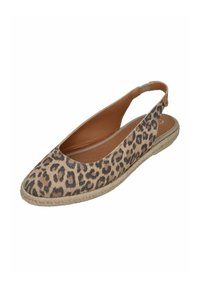 Leopard print slingback flat shoe with a pointed toe, natural jute sole, and light brown interior lining. Textured fabric and elastic strap detail.