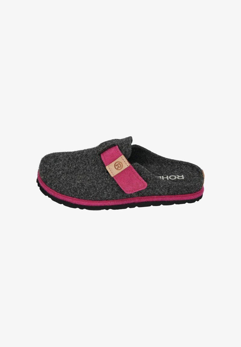 Dark gray felt slip-on slipper with pink strap and sole trim, featuring a small tan patch and black textured rubber outsole.