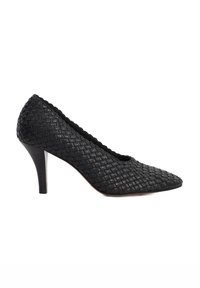 Black woven leather high heel shoe with a pointed toe and scalloped edges, featuring a 3-inch heel and smooth texture.