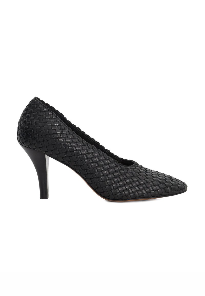 Black woven leather high heel shoe with a pointed toe and scalloped edges, featuring a 3-inch heel and smooth texture.