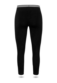 Schwarze Leggings mit schmalem Schnitt und gestreiftem Bund. Glatte Textur mit knöchellangem Schnitt, keine sichtbaren Muster oder Akzente.