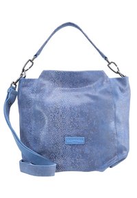 Sac à épaule en cuir bleu avec une finition texturée, présentant une forme structurée, une bandoulière ajustable et des accents en métal.