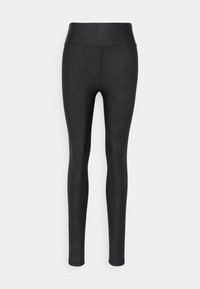 Black leggings with a high waistband, featuring a textured pattern. Made from a stretchy material for comfort and flexibility.