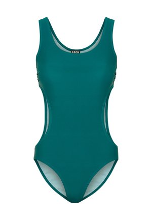 Teal egyrészes fürdőruha magas nyakkivágással, kivágott oldalakkal, varrás nélküliéllel és sima, rugalmas anyagból. Márkajelzés látható belül.
