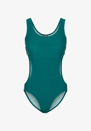 Teal egyrészes fürdőruha magas nyakkivágással, kivágott oldalakkal, varrás nélküliéllel és sima, rugalmas anyagból. Márkajelzés látható belül.