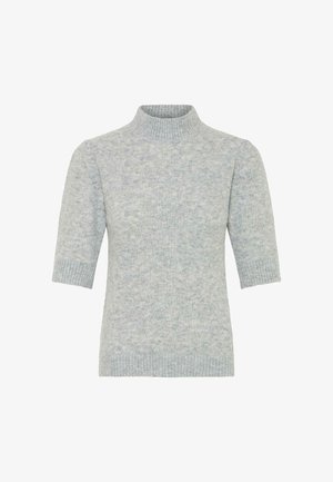 Jasnoszary sweter z krótkim rękawem i golfem, wykonany z miękkiej, teksturowanej dzianiny. Posiada ściągacze przy mankietach i na dekolcie.