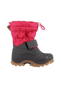 Bota de invierno impermeable en gris y rosa con parte superior de felpa y arrugada. Cuenta con una correa de Velcro y suela de goma texturizada y robusta para mayor tracción.