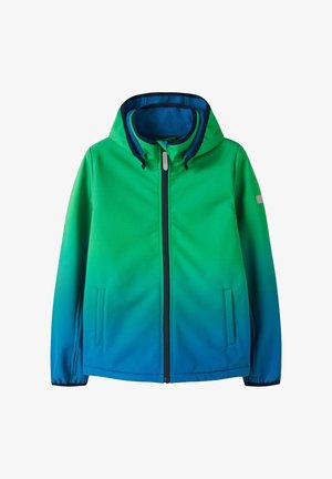 Zöld-kék átmenetes softshell dzseki kapucnival, elöl cipzárral és oldalzsebekkel, kültéri viseletre tervezve.