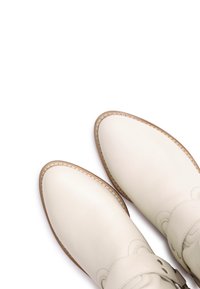 Botas de tobillo de cuero blanco con punta afilada, costuras delineadas y una correa decorativa alrededor de la parte superior. Textura suave y diseño minimalista.
