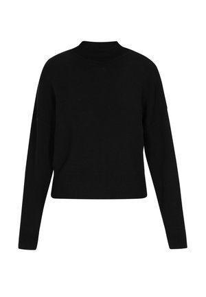 Černý pletený svetr s vysokým límcem, zkráceným střihem a dlouhými rukávy. Obsahuje vroubkované manžety a lem pro zvýšení textury a struktury.