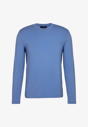 Maglietta a maniche lunghe in tessuto azzurro chiaro, con scollatura rotonda e texture a coste senza motivi o dettagli visibili.