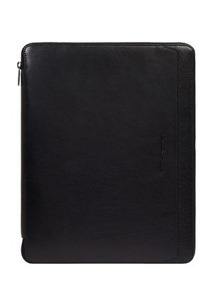 Porte-documents en cuir noir avec fermeture éclair, logo de la marque subtilement embossé à l'avant, conçu pour les documents et une utilisation professionnelle.