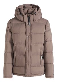 Chaqueta tipo puff en color marrón con capucha, con cierre frontal con cremallera y botones a presión, textura acolchada y bolsillos laterales.