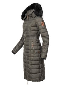 Long olive-green padded coat with a faux fur-lined hood, zippered pockets, and ribbed cuffs. Features quilted texture and leather patch detail.