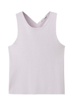 Haut en maille lavande claire sans manches avec de larges emmanchures et un col en V arrondi, fabriqué en tissu doux et texturé.