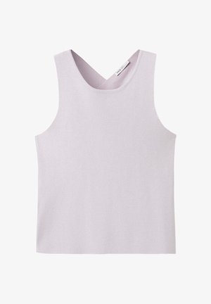 Haut en maille lavande claire sans manches avec de larges emmanchures et un col en V arrondi, fabriqué en tissu doux et texturé.