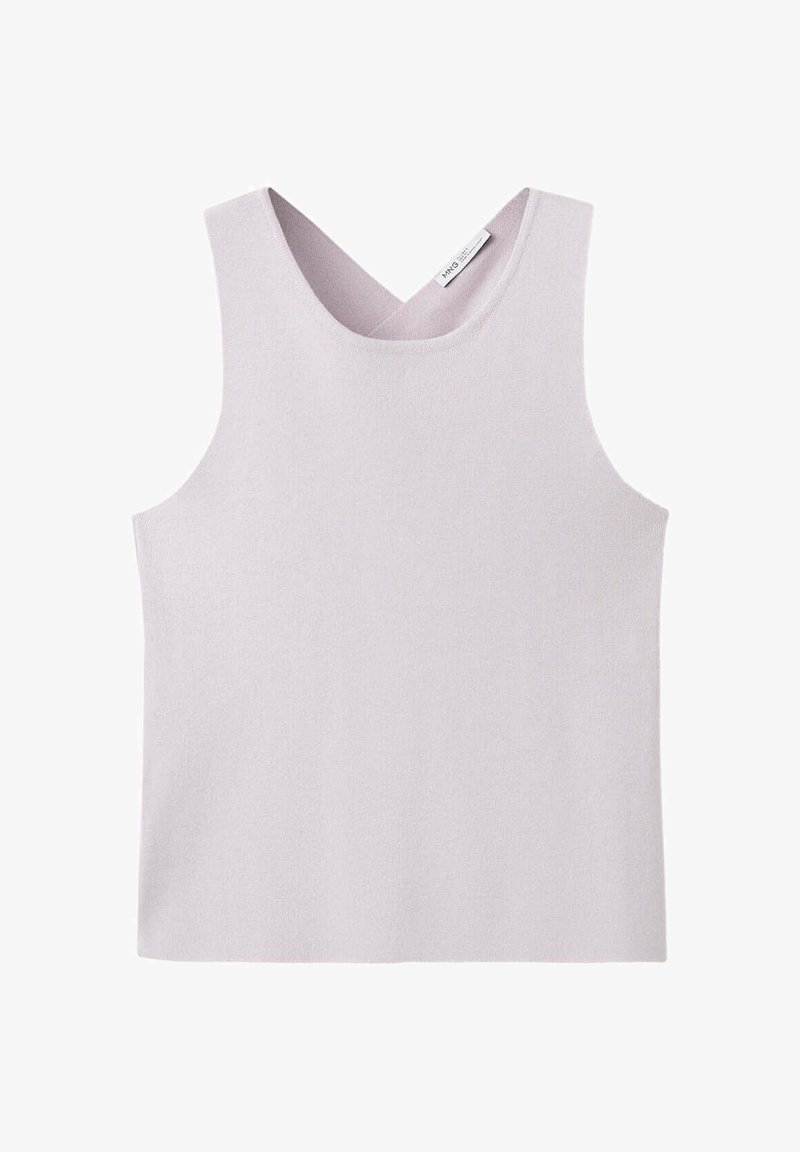 Haut en maille lavande claire sans manches avec de larges emmanchures et un col en V arrondi, fabriqué en tissu doux et texturé.