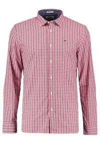 Camisa de manga larga a cuadros roja y azul marino con cuello abotonado, presenta botones blancos y un logo en el pecho.