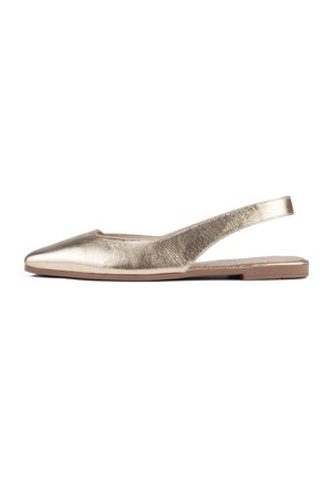 Gold metallic slingback flat shoe with pointed toe, smooth texture, and a small heel. Open back design enhances breathability and comfort.