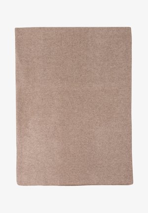 Weiche, beige Decke aus gestricktem Stoff. Verfügt über eine glatte Textur und eine einfache rechteckige Form mit gleichmäßigen Kanten.