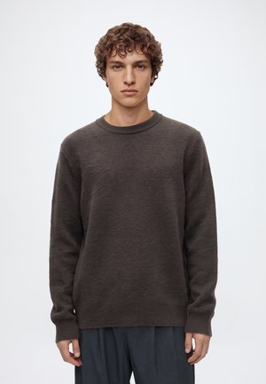 Jeune homme aux cheveux bouclés portant un pull en laine brun foncé uni et un pantalon foncé, debout devant un fond gris clair.