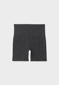 Pantalones cortos de punto acanalado sin costuras de cintura alta en gris oscuro, de longitud hasta el muslo, diseñados para un ajuste ceñido y elástico.