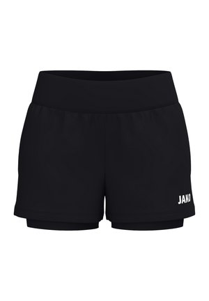 Sorte atletikshorts med bred linning og indre kompressionslag, med en hvid JAKO-logo på nederste venstre ben.