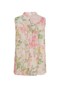 Blommig ärmlös blus i lätt tyg. Har en pastellfärgad palett med rosa och gröna blommor, en krage och en avslappnad passform.