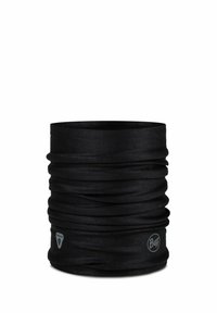 Black multifunctional headwear with a smooth texture, tubular shape, and gathered design. Features subtle brand logos on edges.