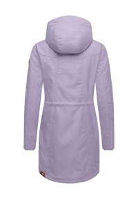 Lavender waterproof coat with a hood, featuring a fitted waist, long sleeves, and a subtle sheen. Includes a logo accent at the hem.