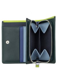 Green leather wallet with a zippered compartment, interior card slots in shades of blue, and bright green accent stitching.