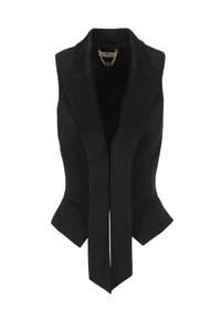 Gilet senza maniche nero con un design strutturato, caratterizzato da un colletto a punte, una chiusura con cravatta e dettagli in catena dorata sul colletto.