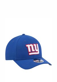 Blaues Baseballcap aus Stoff mit einer strukturierten Krone. Auf der Vorderseite befindet sich ein weißes, aufgesticktes "ny"-Logo. Geschwungener Schirm, enganliegende Passform.