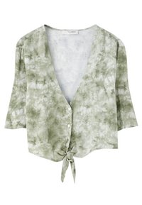 Blouse tie-dye verte avec col en V, manches courtes, fermeture à boutons devant et détail noué à l'ourlet, confectionnée dans un tissu léger.