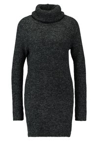 Maglione a collo alto grigio scuro con un corpo lavorato a maglia testurizzato e maniche lunghe a coste, caratterizzato da una vestibilità leggermente ampia e un design confortevole.