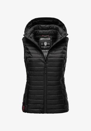 Black puffy vest with a hood, featuring a zippered front, side pockets, horizontal quilted texture, and a logo label inside.