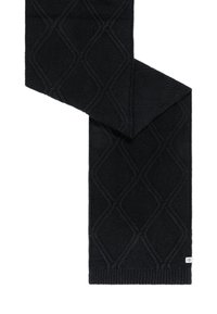 Schwarzer Strickschal mit erhöhtem Diamantmuster und gerippten Enden, gefaltet mit einem kleinen weißen Markenetikett an einem Ende.