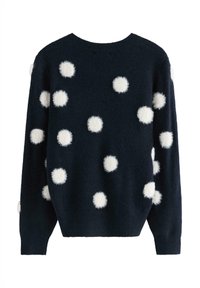 Maglione blu navy con pompon bianchi soffici disposti in modo sparso. Scollo rotondo e polsini a coste. Tessuto morbido, peso medio.