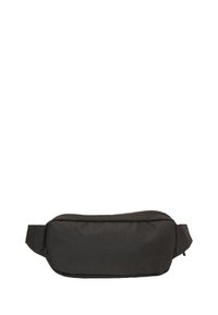 Schwarze Stoff-Gürteltasche mit glatter Textur, mit Reißverschluss und verstellbarem Riemen. Rechteckige Form ohne sichtbare Logos oder Muster.