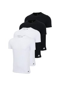 Cztery koszulki z krótkim rękawem: dwie białe z przodu, dwie czarne z tyłu. Wykonane z bawełny, z okrągłym dekoltem i małym logo na lewym dole.