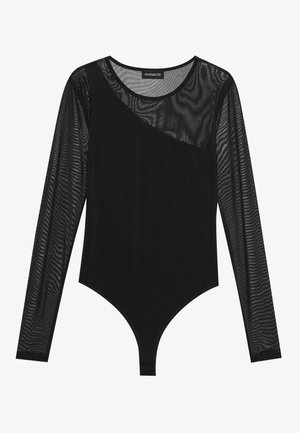 Svart bodysuit med lange, gjennomsiktige mesh-ermer, en tettsittende design, en asymmetrisk halslinje og en glatt, uigjennomsiktig bunn.