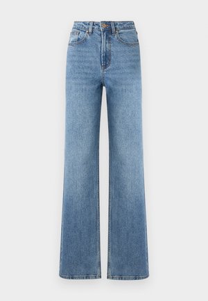 Jeans in denim azzurro chiaro a gamba larga con vita alta, dotati di chiusura con bottone, quattro tasche e orlo pulito con una leggera scoloritura.
