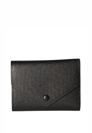 Black textured wallet made of synthetic material, featuring an envelope design with a snap closure and diagonal stitching accents.