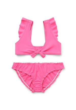 Set bikini rosa con top arricciato e chiusura frontale a fiocco, e slip coordinato arricciato. Realizzato in tessuto liscio e stretch per il massimo comfort.