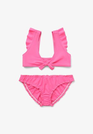 Set bikini rosa con top arricciato e chiusura frontale a fiocco, e slip coordinato arricciato. Realizzato in tessuto liscio e stretch per il massimo comfort.